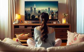 ragazza di spalle, guarda la tv seduta sul divano