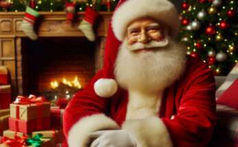 Babbo Natale davanti al camino con il tradizionale abito rosso