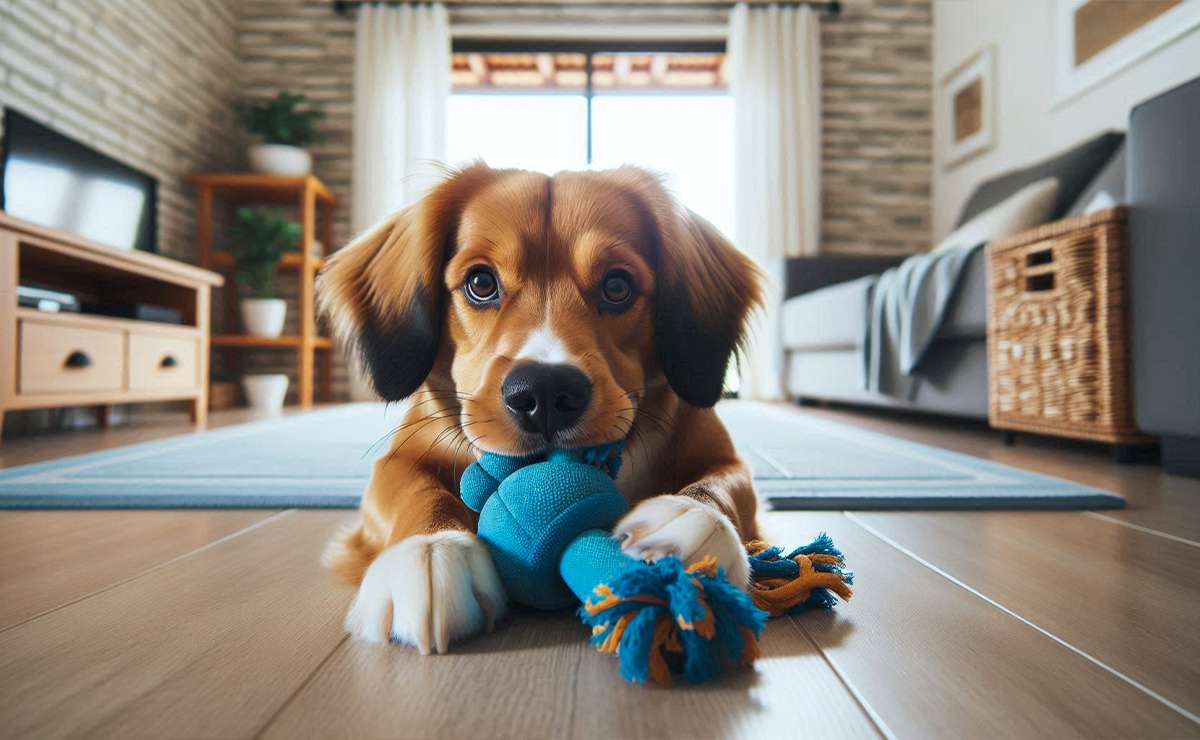 cane di piccola taglia morde un giochino di colore blu e giallo