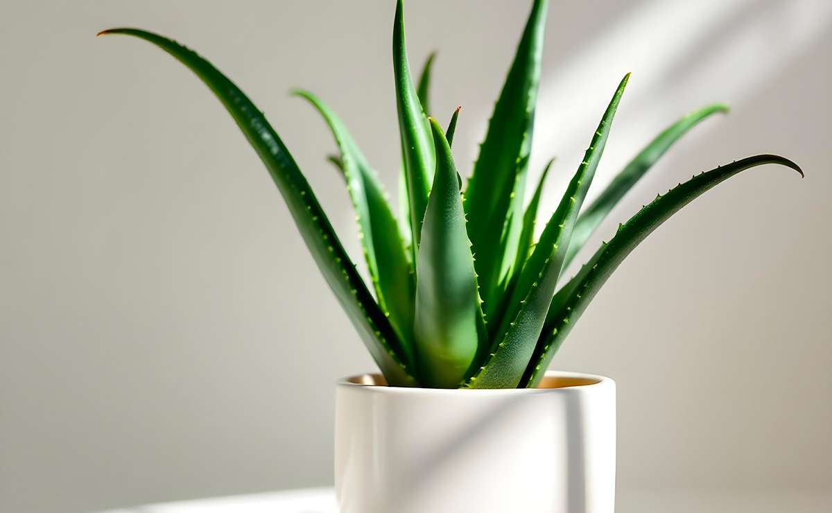 Pianta di aloe vera in un vaso bianco, colpita dalla luce naturale, con foglie carnose e appuntite