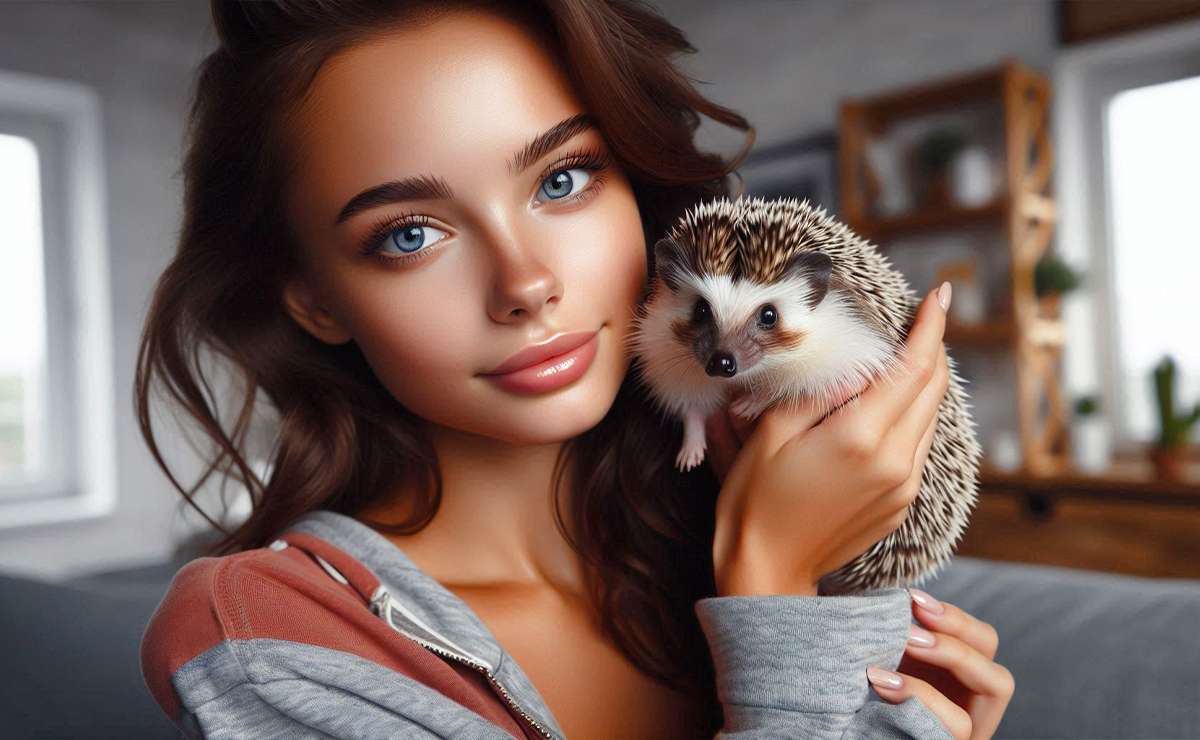 Ragazza con un riccio domestico in braccio