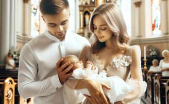 Genitori con neonato al battesimo