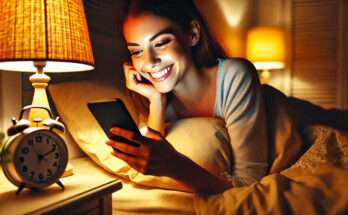 Una giovane donna sorridente sdraiata sul letto di notte, illuminata dalla luce calda di una lampada e dalla luminosità dello schermo del suo smartphone, mentre guarda il telefono con espressione felice.