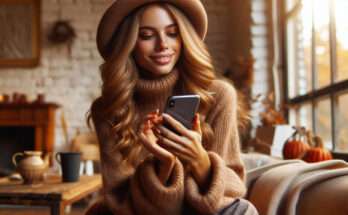 Ragazza con maglione di lana e smartphone in mano in colori autunnali