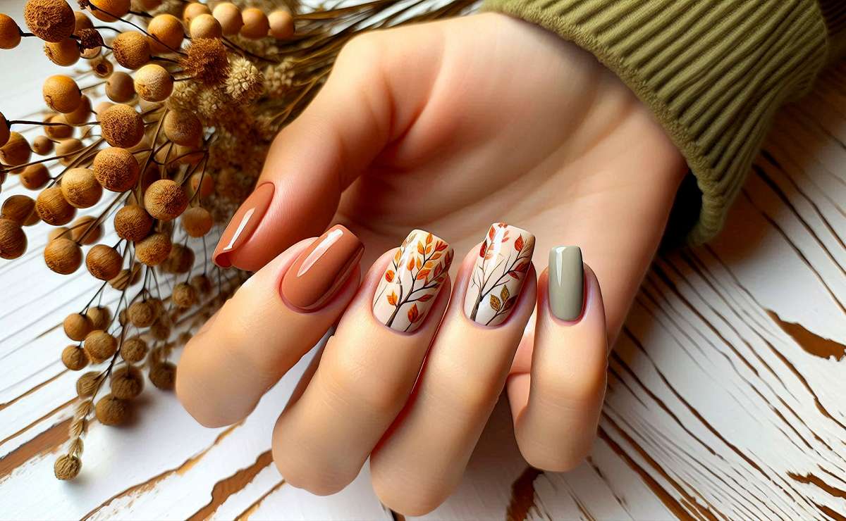 Unghie femminili dipinte con motivi autunnali