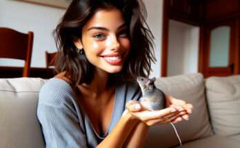 ragazza tiene tra le mani giunte un ratto domestico