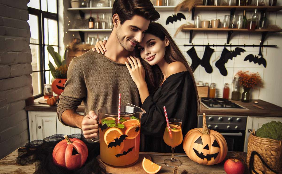 Coppia che prepara bevanda per adulti per halloween in cucina decorata