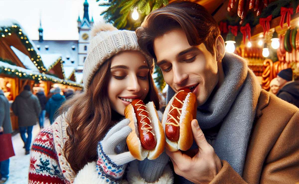 coppia uom e donna mangia salsicce bavaresi 