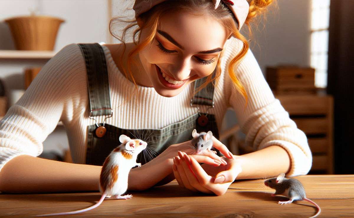 una ragazza gioca con tre topi domestici di diversi colori