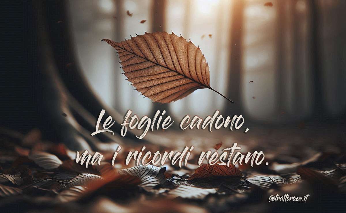 Immagine di una foglia che cade con sovrascritta una frase breve sull'autunno: le foglie cadono, ma i ricordi restano.