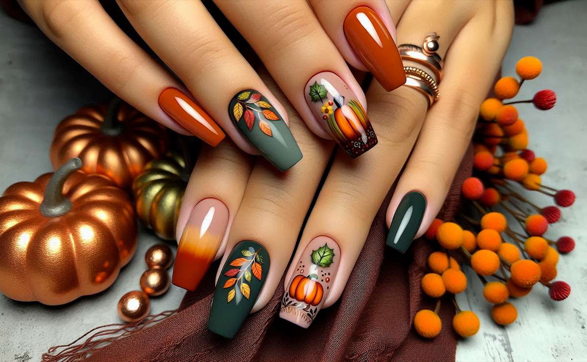 unghie per il tempo libero con decorazioni e colori autunnali