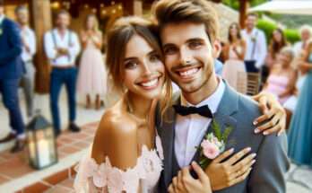 coppia di sposi sorridenti durante matrimonio intimo con pochi invitati sullo sfondo