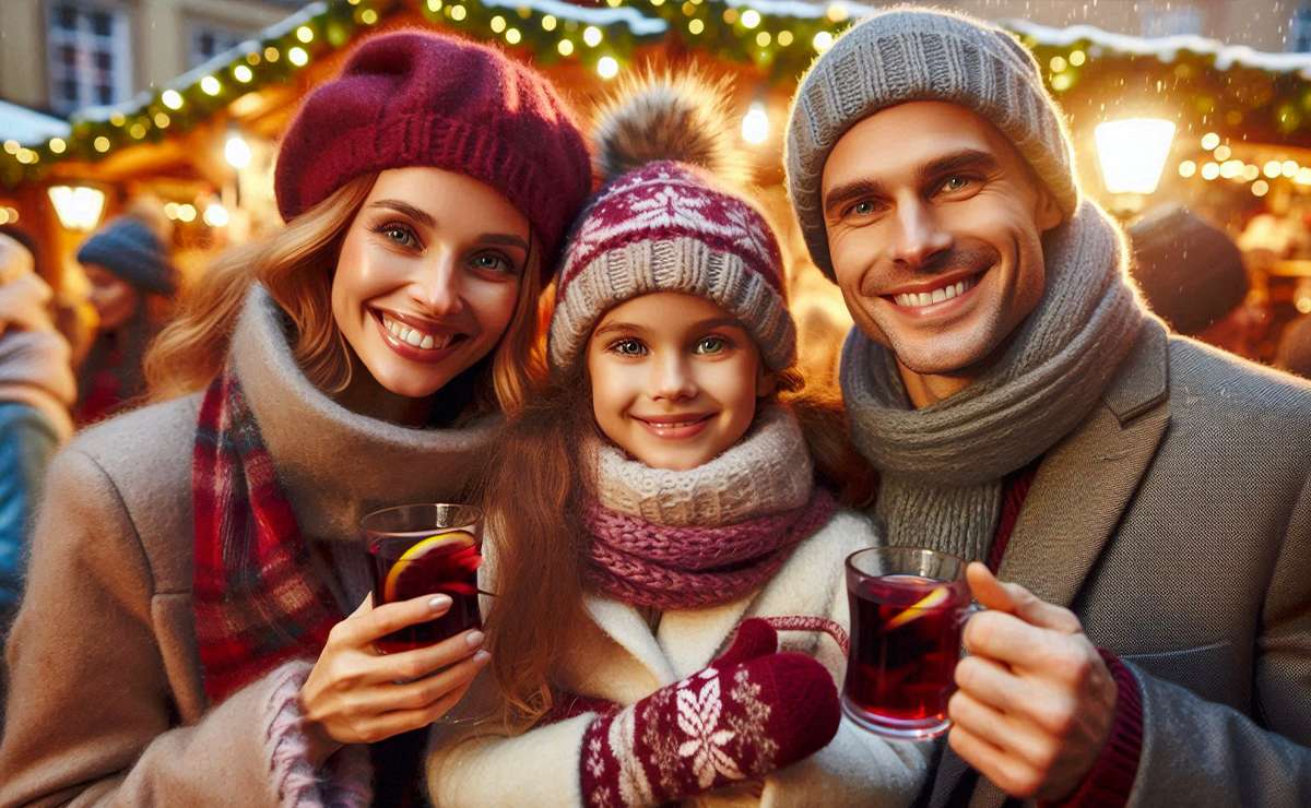 famiglia, madre, padre e figlia bevono bevande calde ai mercatini di Natale