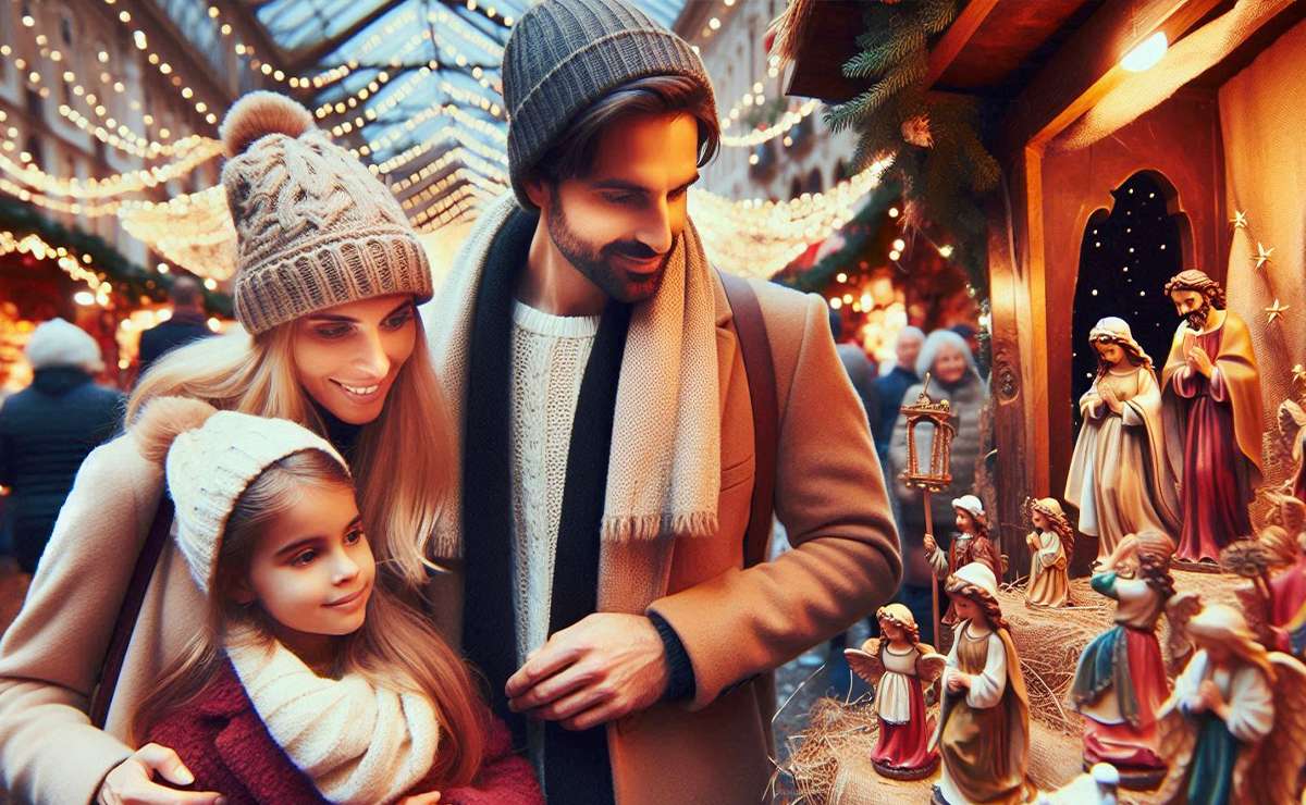 Famiglia guarda una bancarella di statuette per il presepe in un mercatino di Natale in Italia