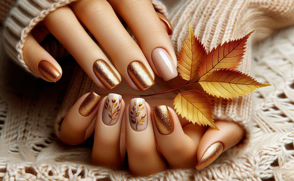 nail art autunnale con foglie dorate