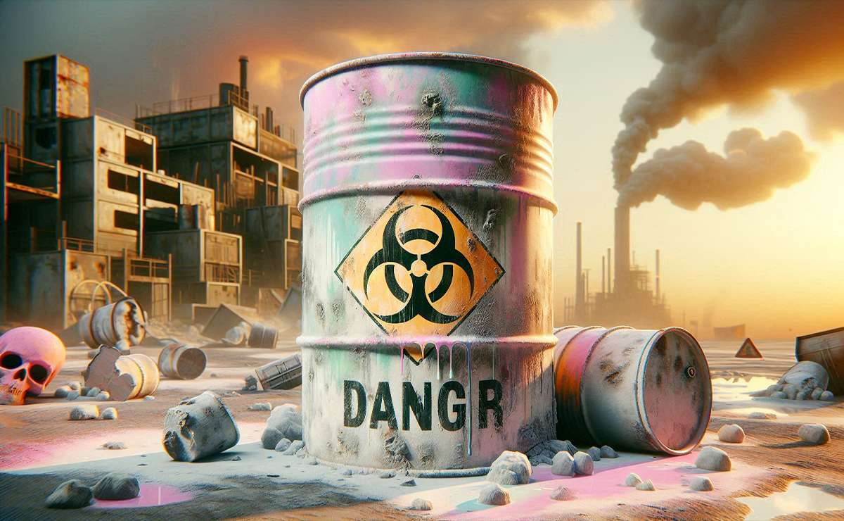 barile di rifiuti tossici su paesaggio post cattivo impatto ambientale