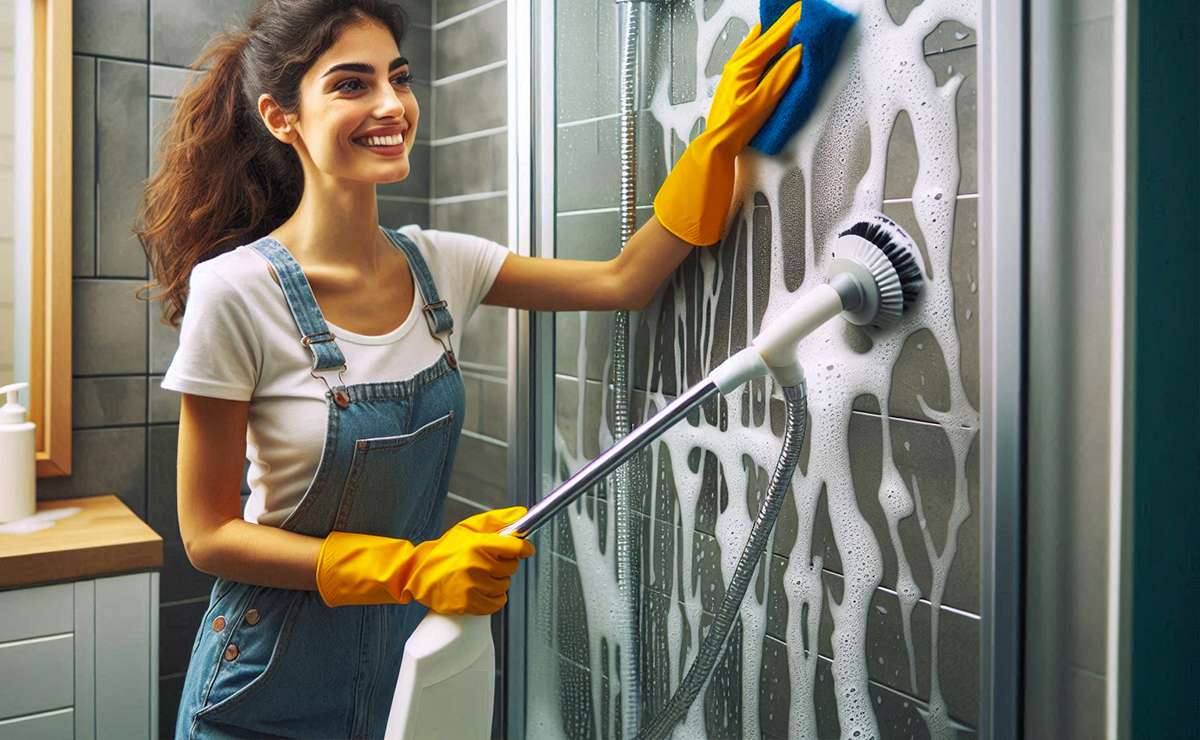 donna pulisce il box doccia