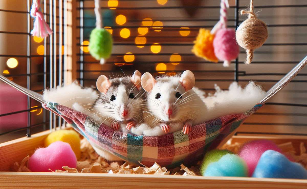 due ratti domestici riposano vicini nella loro gabbia