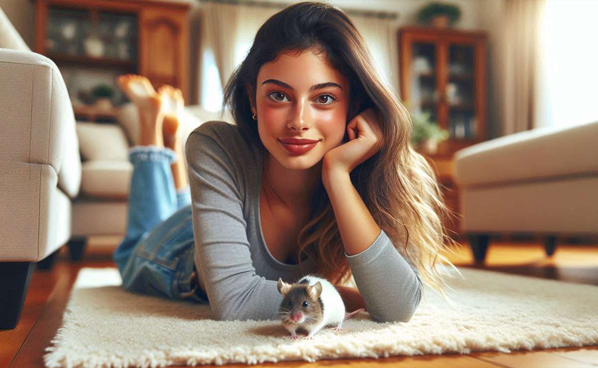 Una ragazza distesa sul tappeto del salotto insieme al ratto 