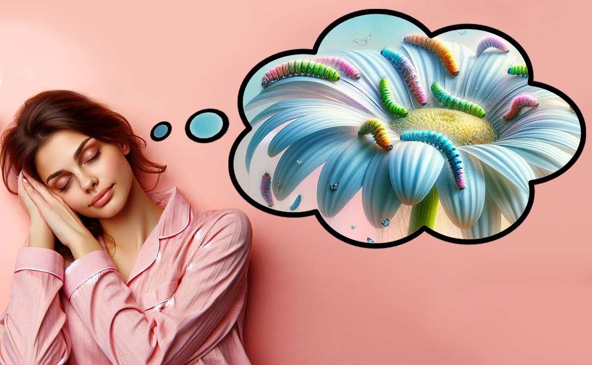 donna dorme e sogna bruchi che strisciano su un fiore