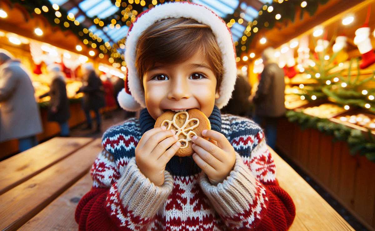 Bambino mangia un dolce speziato tipico del natale