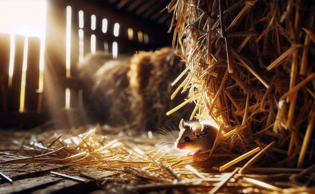 topo di campagna che sbuca da una balla di fieno in un capanno