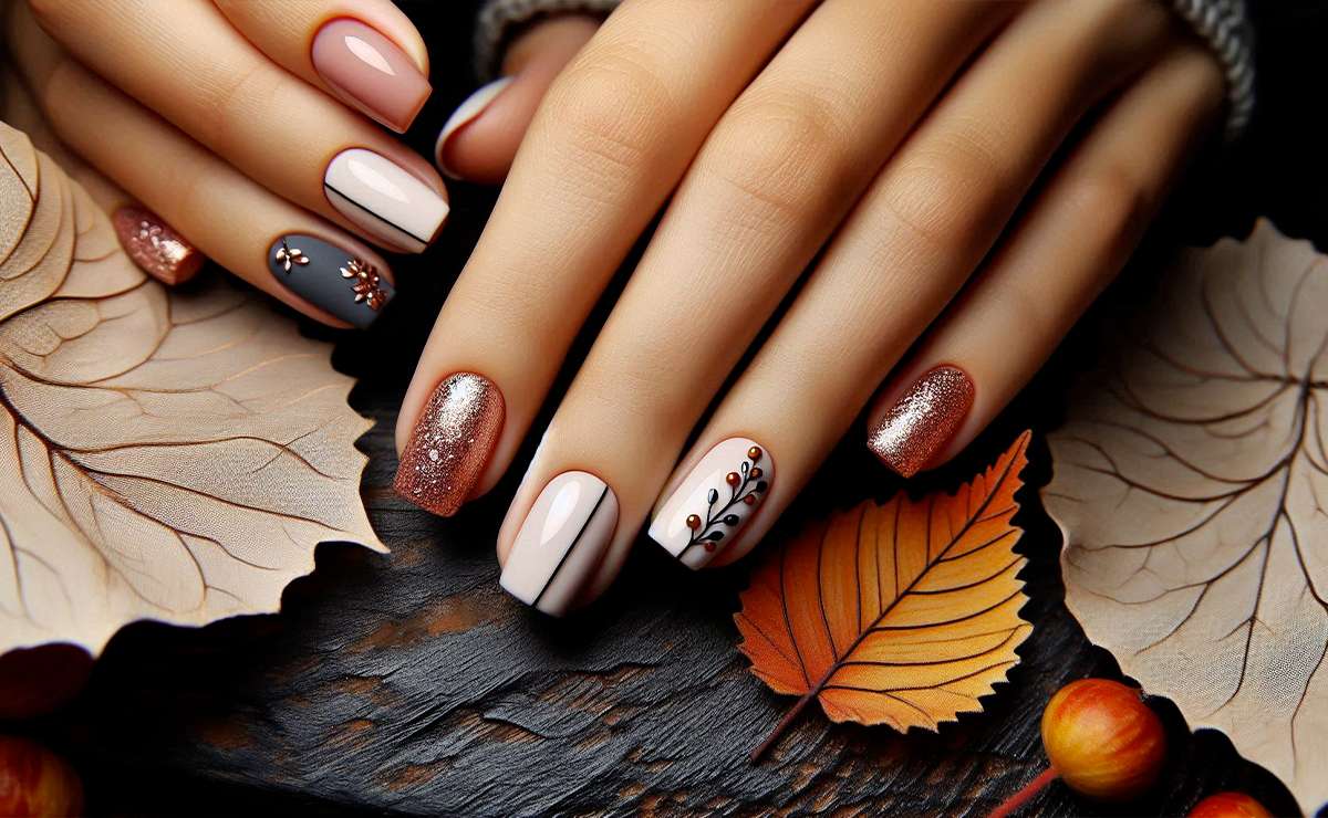 mano femminile con unghie smaltate con colori autunnali