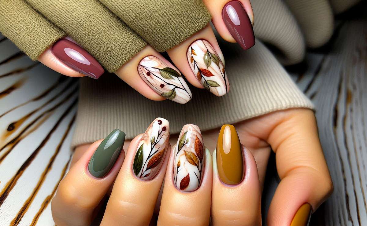 Unghie effetto marmo con decorazioni e colori autunnali