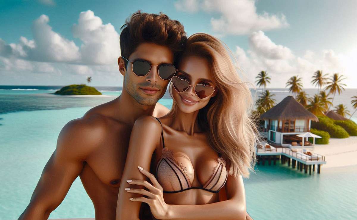 coppia in viaggio di nozze di lusso su un'isola privata