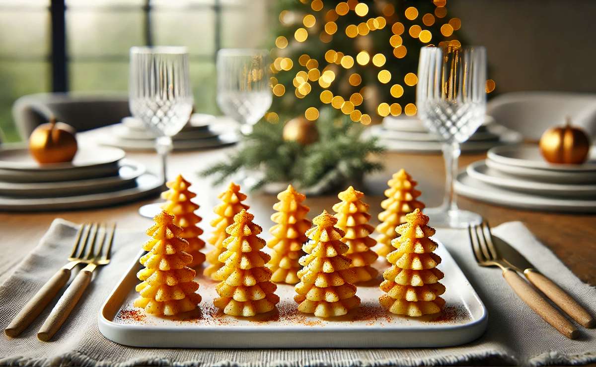 alberelli di patate con una semplice spolverata di paprika per decorazione, senza ulteriori elementi. La presentazione è elegante e minimalista, perfetta per un antipasto natalizio. 