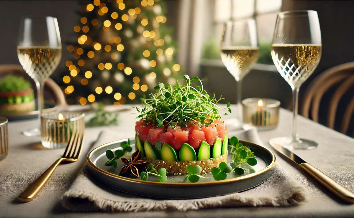 tartare di tonno e avocado come antipasto natalizio protagonista in primo piano. La presentazione è elegante e pulita, con strati di tonno e avocado decorati con microgreens e sesamo, il tutto in un contesto natalizio raffinato e moderno.