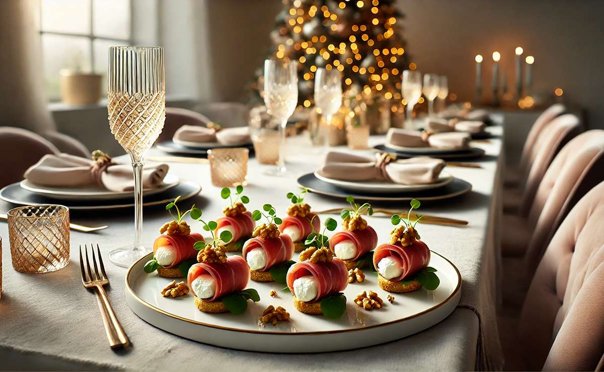 involtini di bresaola come protagonista in primo piano. Gli involtini sono farciti con formaggio caprino e decorati con noci e microgreens, disposti in modo elegante e appetitoso. Lo sfondo sfocato aggiunge un tocco natalizio raffinato con una tavola moderna e un albero illuminato. 
