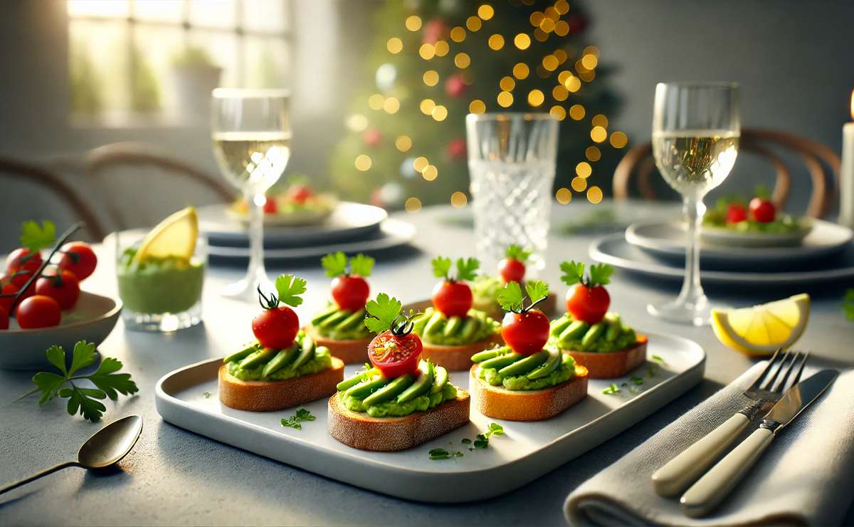 crostini con pomodorini tagliati a fette sottili, disposti su pane tostato con crema di avocado. 