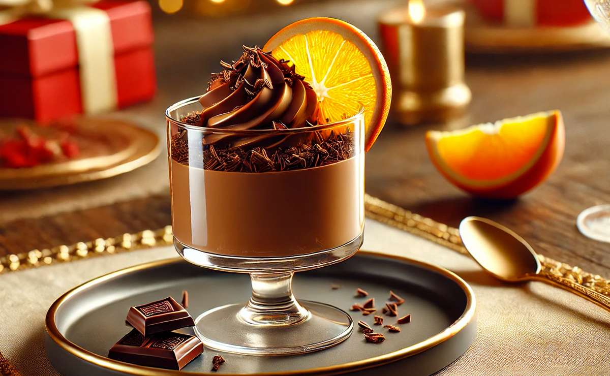 Monoporzione di mousse al cioccolato servita come dolce al cucchiaio per capodanno in un elegante piatto moderno, decorata con scaglie di cioccolato e una fetta di arancia. La tavola è apparecchiata con toni rossi e dorati, creando un'atmosfera elegante e festiva.