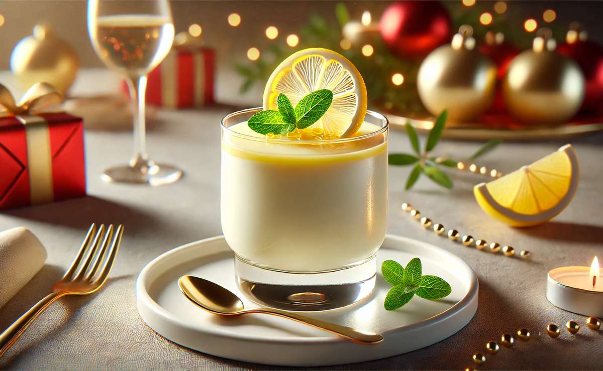 Panna cotta al limone servita come dolce leggero di Capodanno in una coppa elegante, decorata con una fetta di limone e una foglia di menta. La tavola è apparecchiata con toni rossi e dorati, creando un'atmosfera festiva e raffinata.