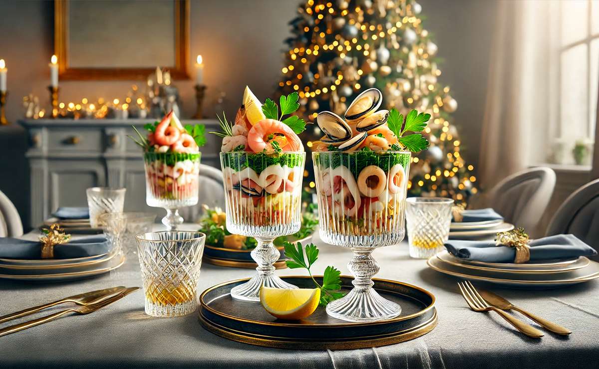 insalata di mare servita come antipasto di Natale sfizioso in bicchierini eleganti, decorata con strati di colori e un tocco festivo. Il tutto è presentato in un contesto raffinato, con uno sfondo sfocato che aggiunge atmosfera e calore. 
