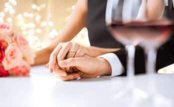 Una coppia tiene le mani intrecciate su un tavolo elegante, con un anello di fidanzamento in primo piano, simbolo della promessa di matrimonio, rose e calici di vino sullo sfondo.