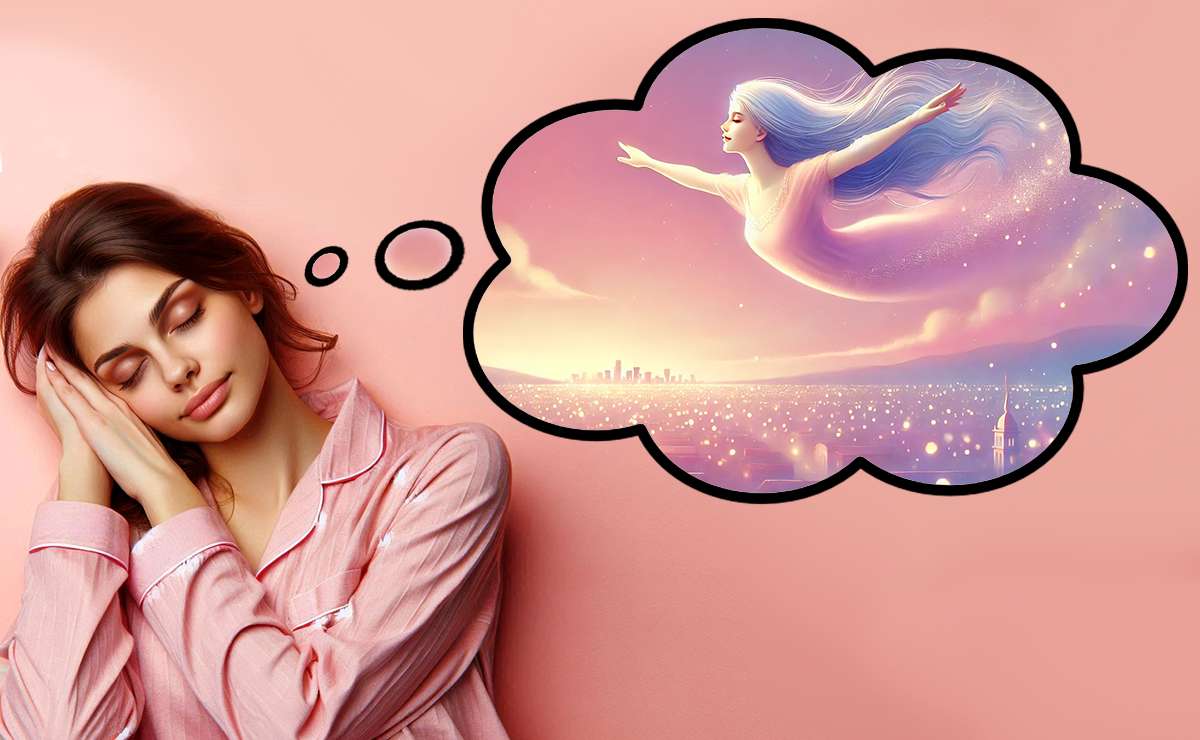 Donna che dorme serenamente in pigiama rosa, sognando di volare sopra una città illuminata dai colori pastello, con un'immagine onirica racchiusa in una nuvoletta di pensiero.