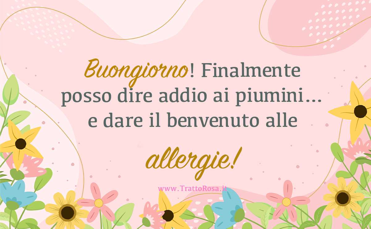 Immagine con sfondo rosa e fiori colorati. Testo ironico: ‘Buongiorno! Finalmente posso dire addio ai piumini… e dare il benvenuto alle allergie!’