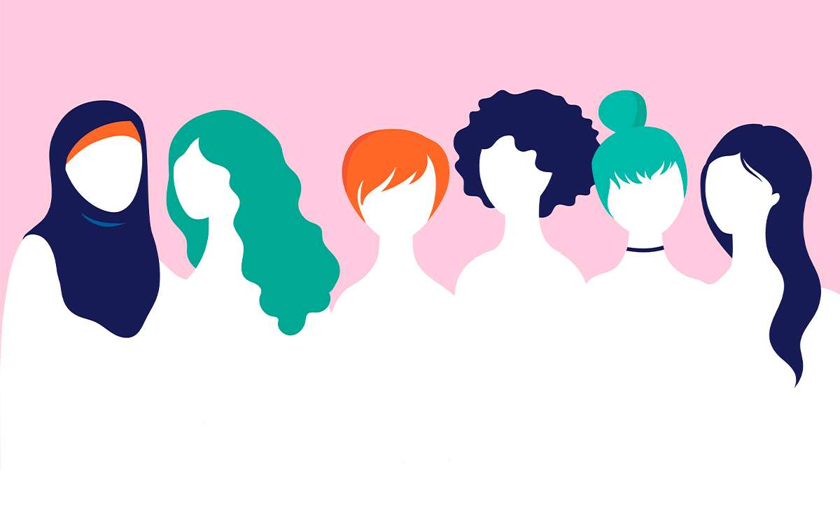 Illustrazione stilizzata di sei donne con diverse acconciature e colori di capelli, una delle quali indossa un hijab, su sfondo rosa. L’immagine rappresenta la diversità e l’inclusione femminile, in riferimento alla Giornata internazionale della donna.