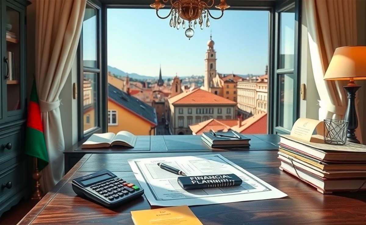 Scrivania di uno studio professionale con vista panoramica su un centro storico italiano; in primo piano documenti di pianificazione finanziaria, calcolatrice e libri, sullo sfondo edifici con tetti rossi, campanili e montagne in lontananza.