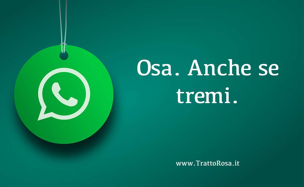  Immagine con sfondo verde e logo di WhatsApp appeso, accompagnata dalla frase motivazionale “Osa. Anche se tremi.”