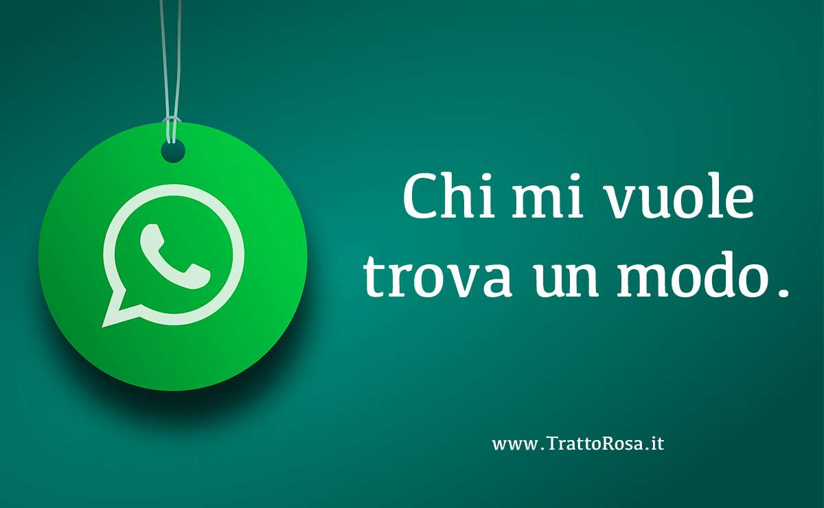 Immagine grafica con sfondo verde e logo WhatsApp appeso a un filo, accompagnata dalla frase “Chi mi vuole trova un modo”
