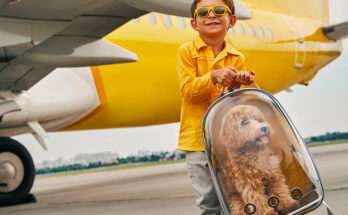 Bambino sorridente con occhiali gialli tiene uno zaino trasparente con un cane all’interno davanti a un aereo