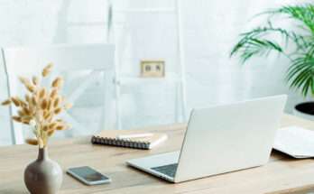 Scrivania ordinata in stile Feng Shui con laptop, pianta verde e luce naturale in un ambiente di lavoro minimal e rilassante