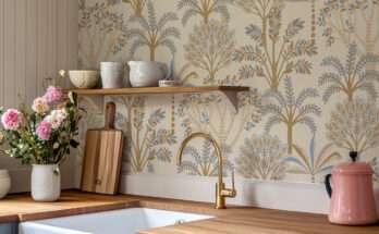 Cucina con carta da parati decorativa stile retrò a motivi botanici, piano in legno, rubinetto dorato, mensola con ceramiche bianche e mazzo di fiori freschi.