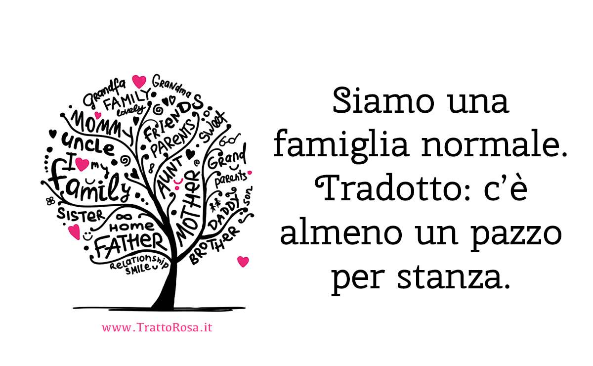 Illustrazione ad albero con parole legate alla famiglia e frase ironica: “Siamo una famiglia normale. Tradotto: c’è almeno un pazzo per stanza.”