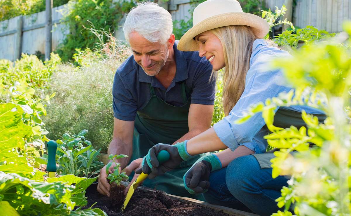 Donna e uomo anziano sorridenti intenti a curare un orto rialzato insieme, durante un’attività di ortoterapia all’aperto