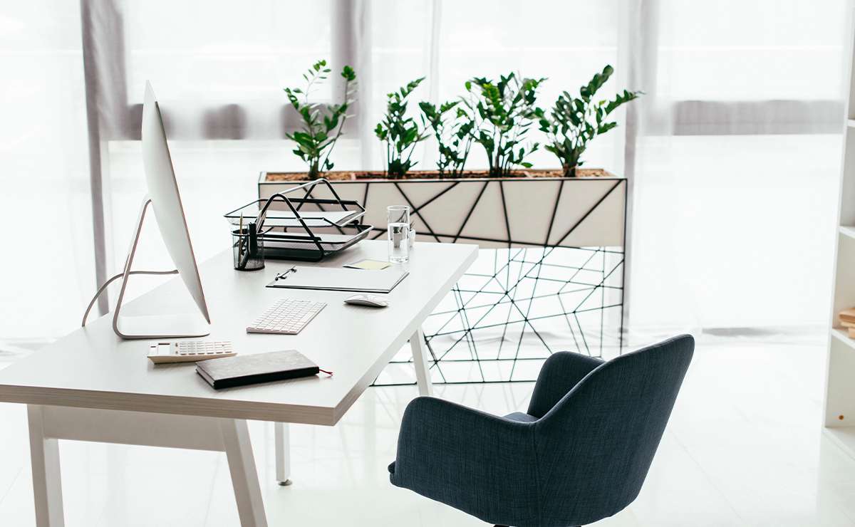 Scrivania in stile Feng Shui con computer, piante verdi e oggetti ordinati per favorire concentrazione, energia positiva e produttività in ufficio