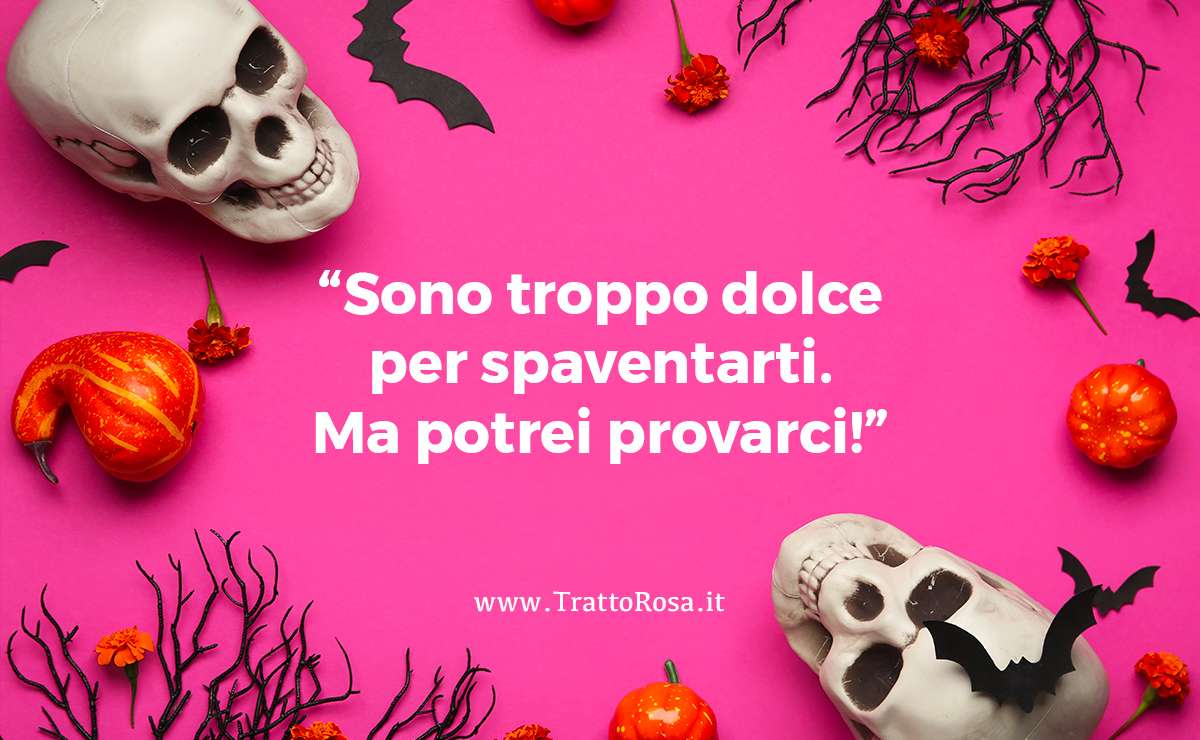 Frase simpatica per Halloween su sfondo rosa con teschi, zucche e pipistrelli: “Sono troppo dolce per spaventarti. Ma potrei provarci!”